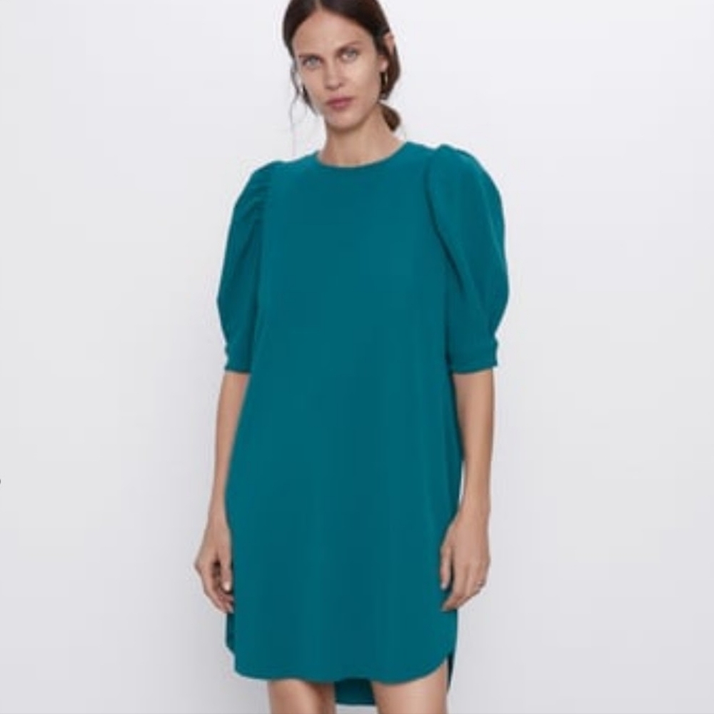 Zara Teal Puff-Sleeve Mini Dress